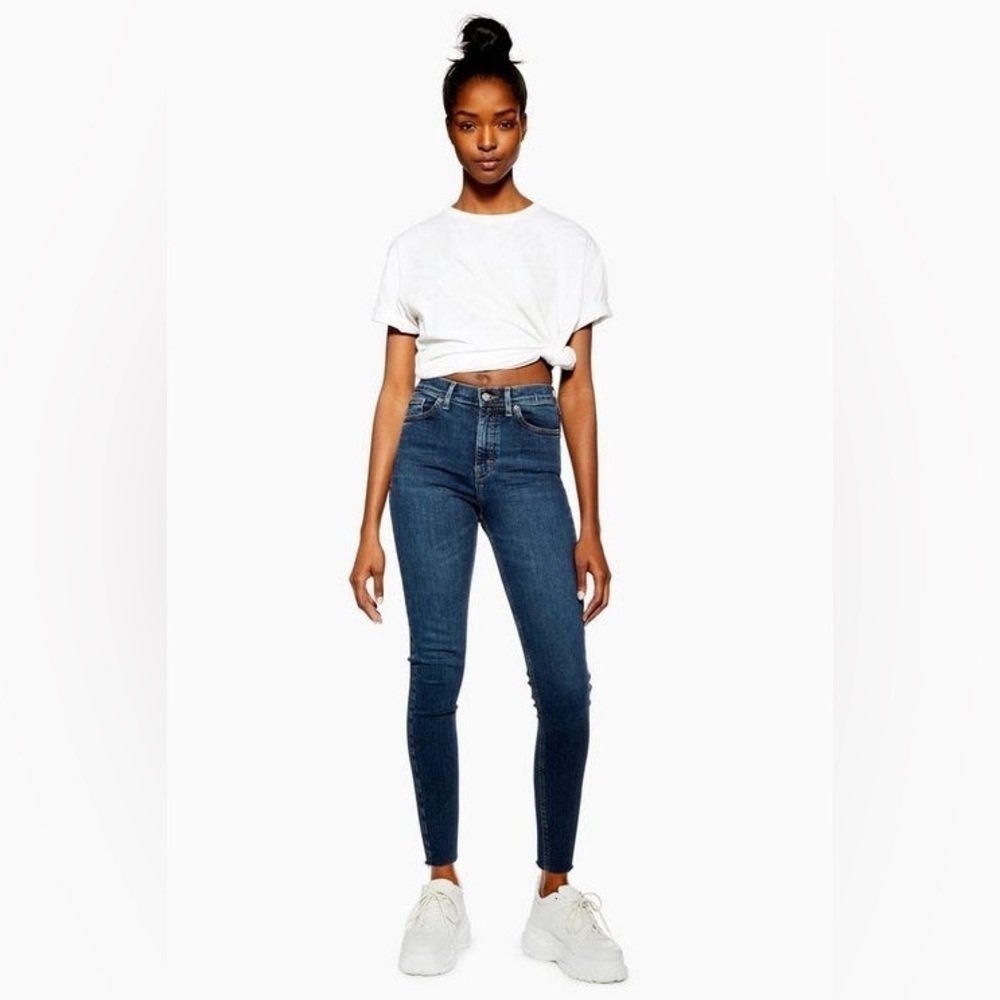 Topshop Moto Jamie Skinny Jeans High Rise Raw Hem Dark Indigo Blue Size 26